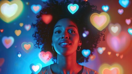 charismatic female influencer live streaming surrounded by floating social media icons dynamic composition with vibrant colors and motion blur conveys digital age marketing and online presence