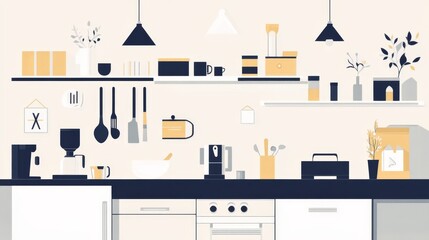 Modern housewarming poster featuring stylish home essentials and contemporary design elements