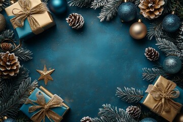 Stylishly wrapped Christmas gifts in blue and gold, surrounded by festive ornaments and pinecones, set against a blue background for a sophisticated holiday look.