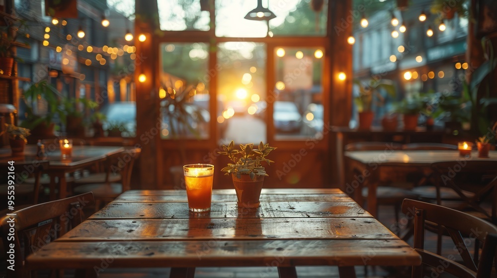 Poster a table with two glasses of wine and a potted plant in front of it