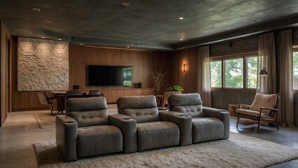 A living room with a large flat screen TV and a couch with four seats. Interior Design, Luxury Decor