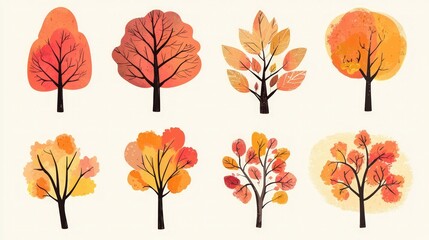 Autumn-themed vector illustration set of trees in seasonal colors, ideal for decorative uses.