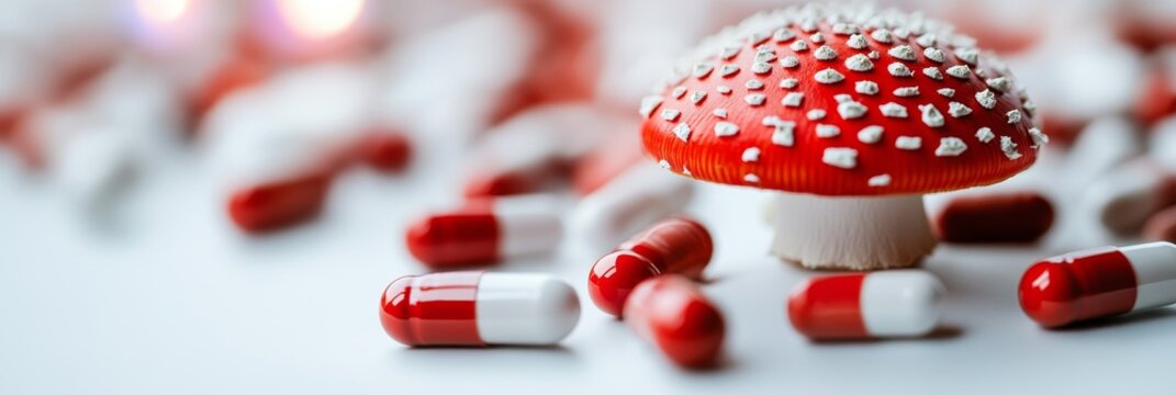 A red and white mushroom, symbolizing the Amanita muscaria, stands amidst red and white capsules, representing the microdosing of this medicinal mushroom for potential therapeutic benefits.