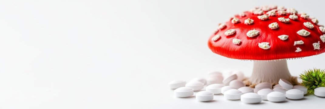 A red and white mushroom with white pills surrounding it, symbolizing the concept of natural remedies, alternative medicine, microdosing, functional mushrooms, and holistic health.