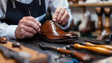 close-up of an artisan shoemaker crafting a bespoke shoe