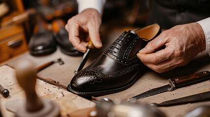 close-up of an artisan shoemaker crafting a bespoke shoe