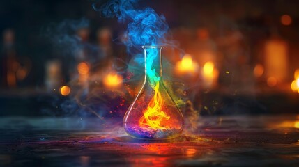 Colorful chemical reaction in beaker with vibrant cartoon smoke and sensory explosion effect