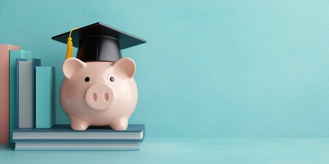 A piggy bank wearing a graduation cap, symbolizing financial education and saving for future education, on a teal background.