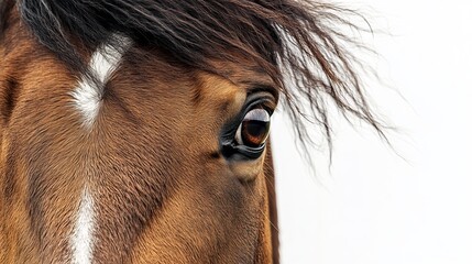 A close-up of a brown horse's face, featuring its long mane and isolated on a white backdrop. The photograph offers ample space for adding text and conveys the adorable 