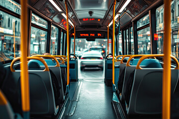 Fototapeta premium A solitary journey: The stillness of an empty bus ride, punctuated only by the soft hum of the engine and the distant city lights.
