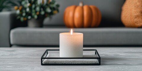 A serene candle illuminates a cozy living room, surrounded by autumn decor, creating a warm ambiance ideal for relaxation.