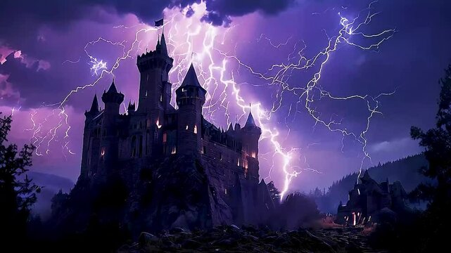 a castle  with lightning striking around it