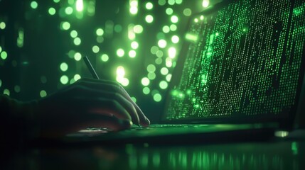 A close-up of a hand typing on a laptop with green digital code illuminating the screen, creating a tech-inspired atmosphere.