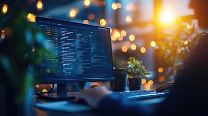 Obraz premium A programmer works late at night, coding on a desktop monitor surrounded by warm lights and peaceful plants.