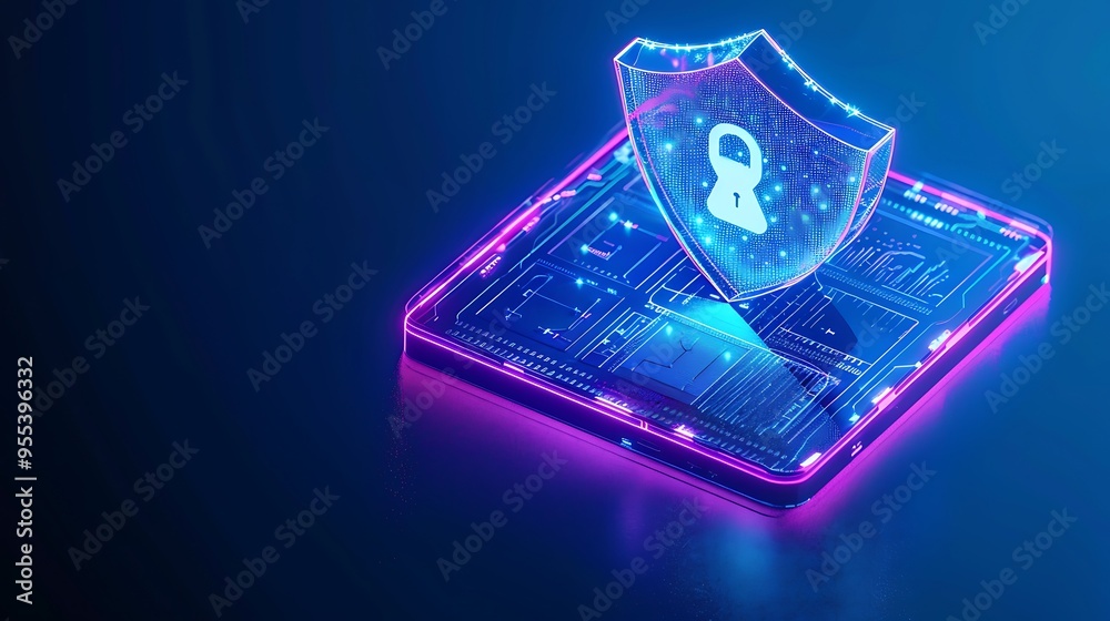 Poster digital security concept with a glowing shield and lock icon, representing cybersecurity and data pr