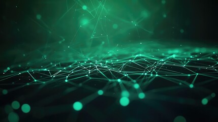 Abstract green network with glowing nodes and connecting lines, creating a digital landscape that evokes technology and innovation.