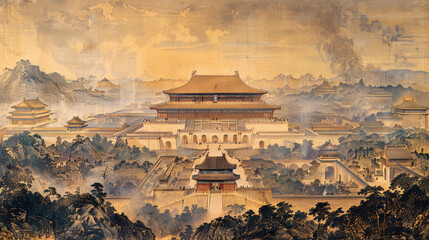 Fototapeta premium A painting of a city with a large palace in the center