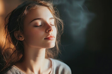 A Moment of Tranquility: A young woman finds peace, her eyes closed, taking deep breaths, bathed in soft light.