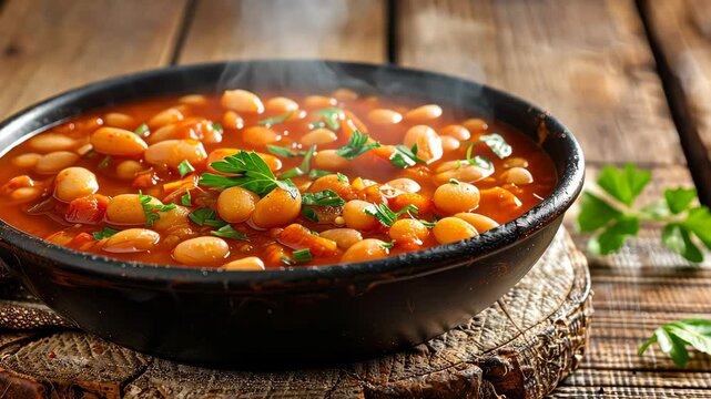 Hot bean soup in rustic bowl on wooden table, comfort food and cozy meal concept