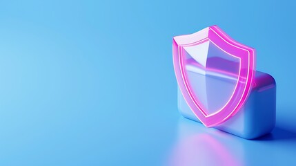 Digital security concept with a glowing shield symbol on a blue background, representing data protection and cybersecurity.