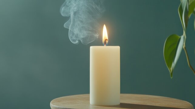 A single white candle burns brightly on a wooden surface, sending a plume of white smoke into the air. The candle is set against a serene green background, symbolizing peace, tranquility, and renewal.