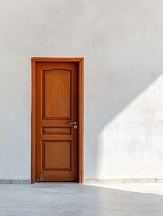 A single wooden door is slightly ajar, set against a white wall with a sliver of sunlight peeking through. It symbolizes new beginnings, an invitation, a welcoming home, and a fresh start.