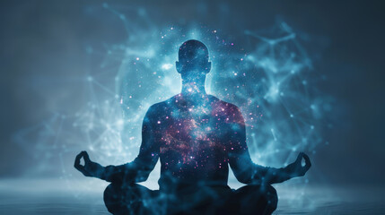 A meditating figure surrounded by a cosmic, starry glow, representing inner peace and spiritual connection with the universe.