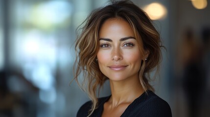 Obraz premium A woman with brown hair and brown eyes is smiling and looking at the camera