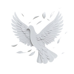 Obraz premium Elegant white dove with outstretched wings and scattered feathers on black background, symbolizing peace, freedom, and love.