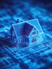 Wireframe model of a house on a digital background.