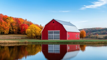 Obraz premium A vibrant red barn reflects in a serene pond, surrounded by autumn foliage and a clear blue sky, showcasing rural tranquility.