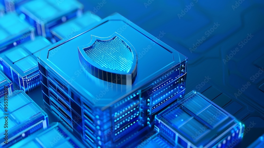 Poster digital security concept with a shield icon on a microchip. blue technology background representing 