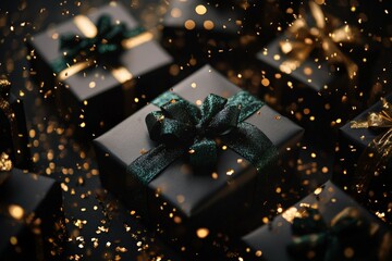 Elegant black gift boxes adorned with shimmering gold and green ribbons, surrounded by sparkling...