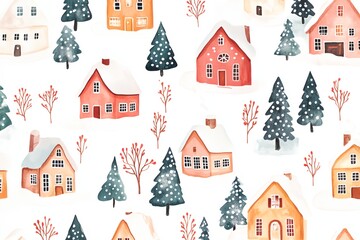 A winter scene with houses and trees. The houses are red and white and are spread out across the snowy landscape. The trees are bare and the snow is covering the ground