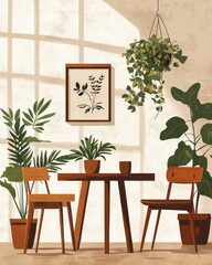 Cozy rustic housewarming poster featuring warm wooden furniture and lush green plants