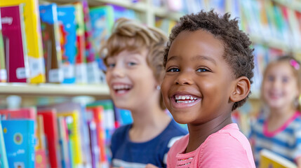 Obraz premium children excited to choose books at a book donation event