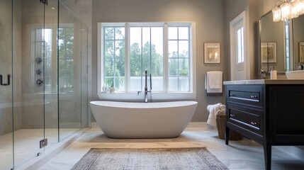 Fototapeta premium A bathroom with a seamless design featuring a glass-enclosed shower and a stylish freestanding bathtub.