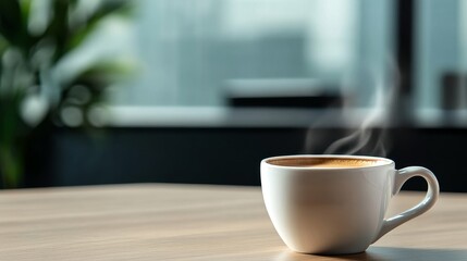 A steaming cup of coffee sits on a wooden table in a modern office setting, the background blurred to suggest a busy workspace. The image evokes a sense of relaxation, productivity, and the importance