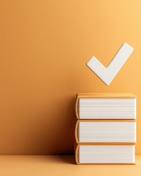 A well-organized stack of books with a check mark, symbolizing approval and successful learning against a warm orange background.