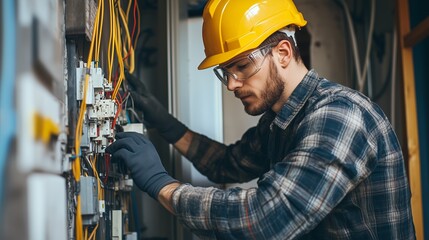 A skilled electrician works on electrical circuits in a residential setting during daylight, ensuring safe and efficient connections