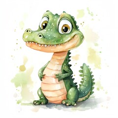 Fototapeta premium A cartoon crocodile with a big smile on its face. It is sitting on the grass. The crocodile is green and yellow