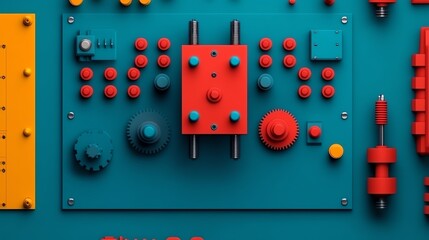 Abstract colorful machinery control panel with buttons, knobs and gears.