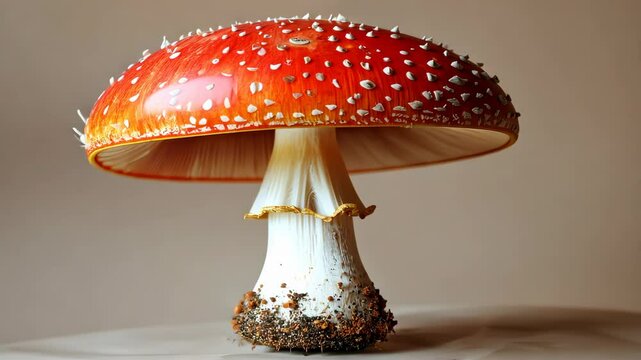 Red amanita mushroom on beige background, close-up. Nature and fungi concept