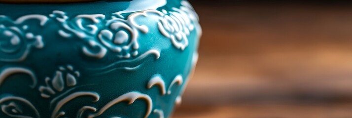 A stunning teal ceramic vase adorned with delicate white floral and wave patterns, symbolizing beauty, nature, serenity, craftsmanship, and artistry.