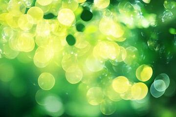 Fototapeta premium Soft green bokeh background created by sunlight filtering through leaves in a tranquil forest setting during late afternoon hours