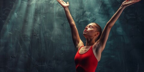 Naklejka premium Woman in Red Leotard Stretching with Arms Up