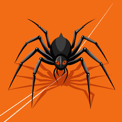 Create a striking vector illustration of a detailed black spider with long legs, crawling on a bright orange background, leaving a delicate web trail