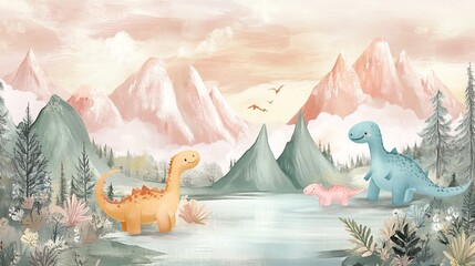 Adorable baby poster featuring playful dinosaurs amidst a serene mountain landscape in pastel hues. A whimsical hand-drawn illustration adds a touch of bohemian flair