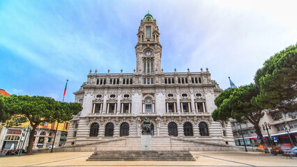 Obraz premium Town Hall building Camara Municipal do Porto timelapse hyperlapse on Liberdade Square, Porto, Portugal