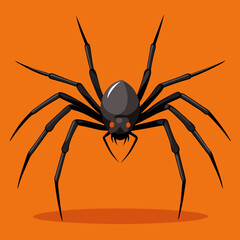 Create a striking vector illustration of a detailed black spider with long legs, crawling on a bright orange background, leaving a delicate web trail